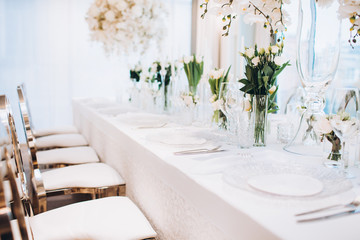 formal luxury elegant wedding decor restaurant tables served white tablecloth, plates, menus, glasses, tulips in vases, orchids, candles silver chairs, blue background