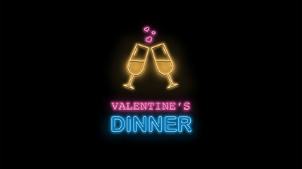 Valentine's Dinner text and sign neon light on black background, holidays and international calendar events, sales and marketing 3D neon light illustration.