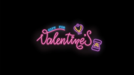 Fototapeta na wymiar Gift for Valentine's text and sign neon light on black background, holidays and international calendar events, sales and marketing 3D neon light illustration.