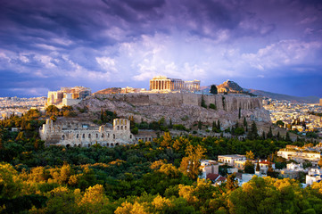 View of Parthenon Temple and Odeon of Herodes Atticus on Acropolis Hill