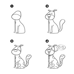 Four steps to draw cartoon dog isolated on white background.