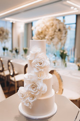 white exquisite luxury three-tier wedding cake with mastic flowers