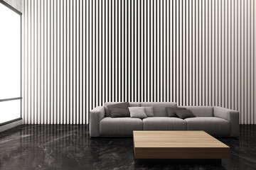 Modern living room decorate wall with white vertical battens pattern. 3D Rendering