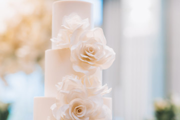 white exquisite luxury three-tier wedding cake with mastic flowers
