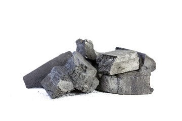 Natural wood charcoal Isolated on white, traditional charcoal or hardwood charcoal, isolated on white background.