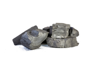 Natural wood charcoal Isolated on white, traditional charcoal or hardwood charcoal, isolated on white background.
