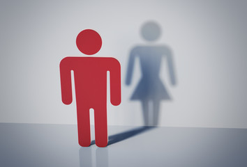 Symbol of homosexual man with female shadow. Homosexuality and transgender concept. 3D rendered illustration.