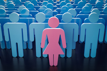One female alone and many male symbols in background. Gender inequality, feminism and discrimination concept. 3D rendered illustration.