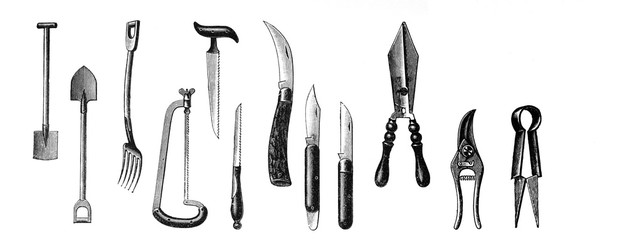 Garden tools - Antique engraved illustration from Brockhaus Konversations-Lexikon 1908