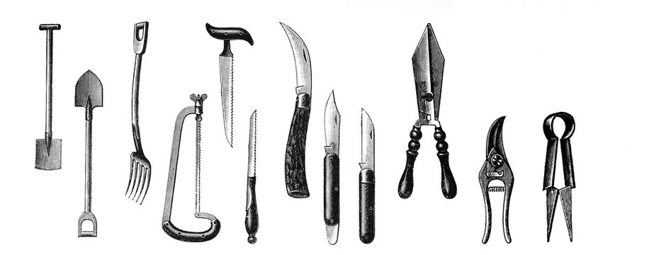 Garden tools - Antique engraved illustration from Brockhaus Konversations-Lexikon 1908