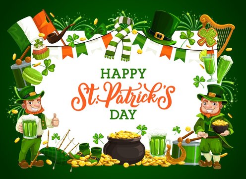 St Patrick leprechauns with green shamrock, beer and pot of gold vector design of Irish holiday. Clover leaves, golden coins and horseshoe, red bearded celtic elves with hat, Ireland flag and drum