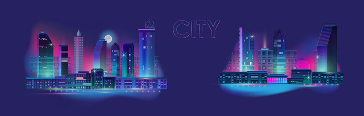 Night city panorama with neon glow on blue background. Vector set.