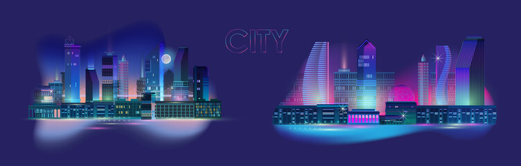 Night city panorama with neon glow on blue background. Vector set.