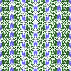 Seamless pattern with even rows of tulip flowers and leaves. Summer floral ornament on a white background. Repeating texture for wallpaper design, textile, wrapping paper. Vector illustration. 