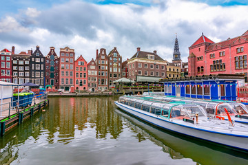 Amsterdam architecture along Damrak canal, Netherlands