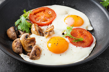 Ketogenic food. Fried egg, mushrooms and sliced tomatoes. Keto, paleo breakfast.