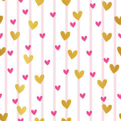 Fototapeta na wymiar Seamless pink and golden hearts on horizontal stripes