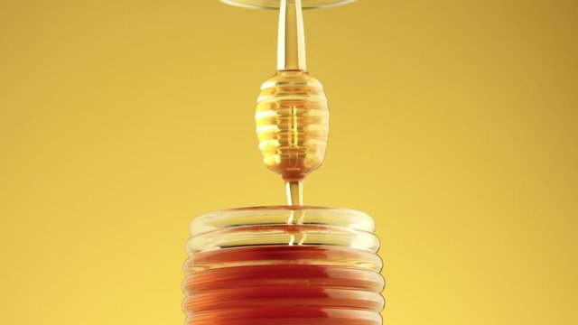 side view woman hand lifted up a honey pot tap with a honey dipper and a transparent honey pouring from spoon to jar