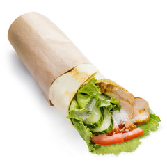 Delicious chicken roll with fresh vegetables, isolated on white background