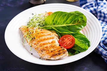 Chicken grilled fillet with salad fresh tomatoes and avocado. Healthy food, ketogenic diet, diet lunch concept. Keto/Paleo diet menu.