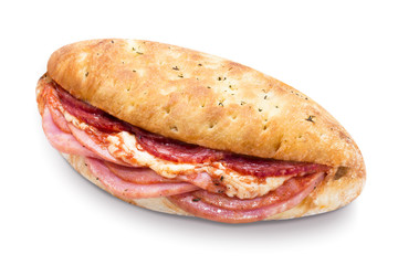 Delicious fokaccia bread with ham, bacon, salami, mozzarella and tomato sauce, isolated on white background