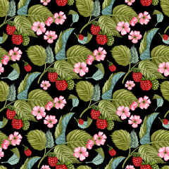 Watercolor raspberry seamless pattern on black. Raspberry berries and flowers pattern. Seamless pattern with hand drawn raspberry bush.