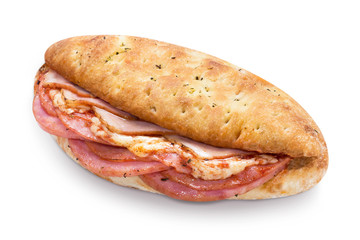 Delicious fokaccia bread with ham, bacon, mozzarella and tomato sauce, isolated on white background
