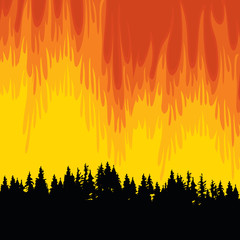 Vector illustration in black and orange colors with forest fire. Black silhouettes of fir trees on the background of wildfire. Save forest concept