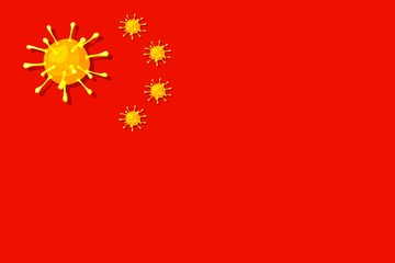 Banner with China flag with the spread of Coronavirus 2019-nCoV virus strain. Chinese flag with yellow coronavirus shapes instead of stars. Quarantine from Wuhan novel coronavirus. Vector illustration