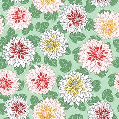 red and yellow chrysanthemum flowers and leaves seamless pattern on green background