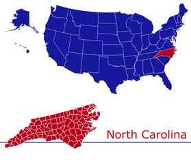 North Carolina counties vector map with USA map colors national flag