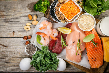 Selection of animal and plant protein sources - fish, meat, beans, cheese, eggs, nuts and seeds,...