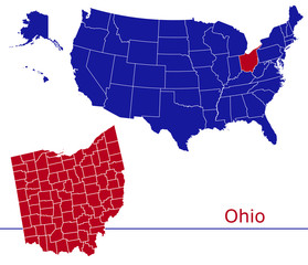 Ohio counties vector map with USA map colors national flag
