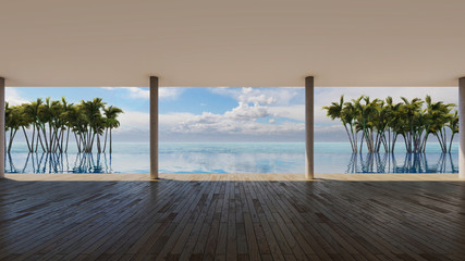 Sea view of swimming pool deck with plam tree background . 3D illustration