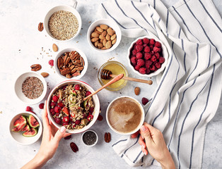 healthy breakfast oatmeal with raspberries, figs, chia and flax - obrazy, fototapety, plakaty