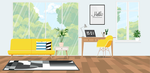 Plant on white cabinet next to yellow settee with bright workspace with yellow chair