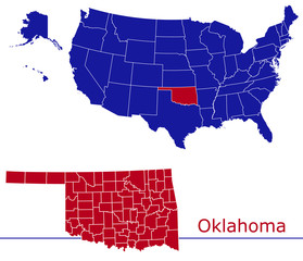 Oklahoma counties vector map with USA map colors national flag