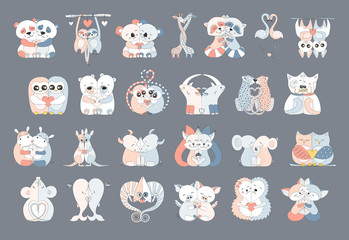 Cute set of cartoon Hugging animals stickers. Loving couple animals. Vector illustration © Marta Sher