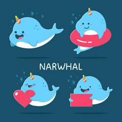 Cute narwhal vector cartoon characters set isolated on background. - obrazy, fototapety, plakaty