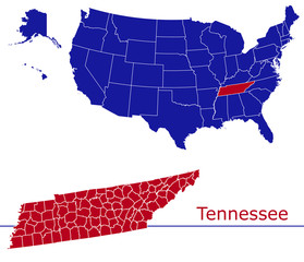Tennessee counties vector map with USA map colors national flag