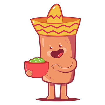 Cute burrito in sombrero hat with guacaamole sauce vector cartoon character isolated on a white background.