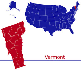 Vermont counties vector map with USA map colors national flag