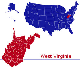 West Virginia counties vector map with USA map colors national flag