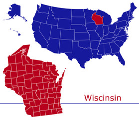 Wisconsin counties vector map with USA map colors national flag
