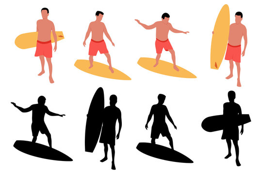 Surfer with surfboard vector cartoon illustration and black silhouette set isolated on a white background.
