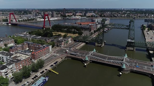 Aerial static bird view of Noordereiland is a neighborhood of Rotterdam Netherlands located on an island and connected by several bridges in the city center of this second-largest Dutch town 4k