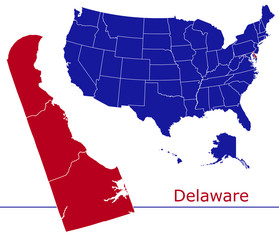 Delaware counties vector map with USA map colors national flag