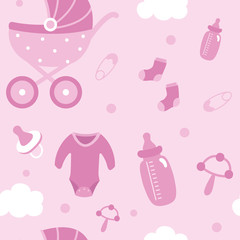 Pink seamless pattern.Items for the newborn.Baby Shower Decor