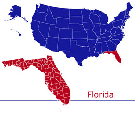 Florida counties vector map with USA map colors national flag