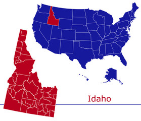 Idaho counties vector map with USA map colors national flag